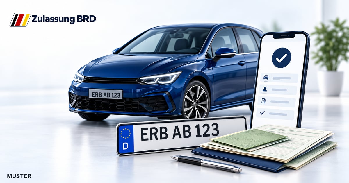 Online Fahrzeugzulassung in Odenwaldkreis: Musterkennzeichen ERB AB 123, Auto und Fahrzeugpapiere und Smartphone. Illustration mit Logo von Zulassung BRD.